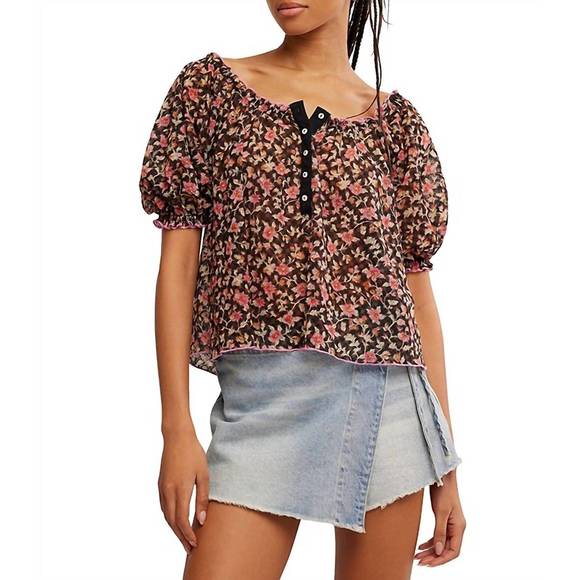 NEW FREE PEOPLE astra peasant floral print top in black combo - Picture 1 of 4